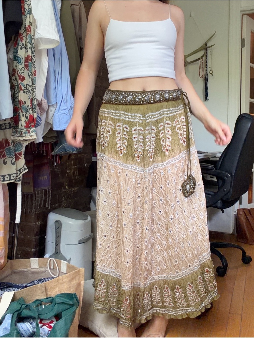 Saks Fifth Avenue Olive and Blush Embellished Boho Maxi Skirt